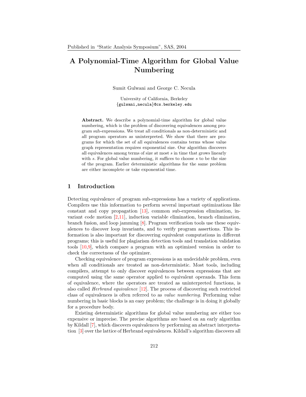 A Polynomial-Time Algorithm for Global Value Numbering