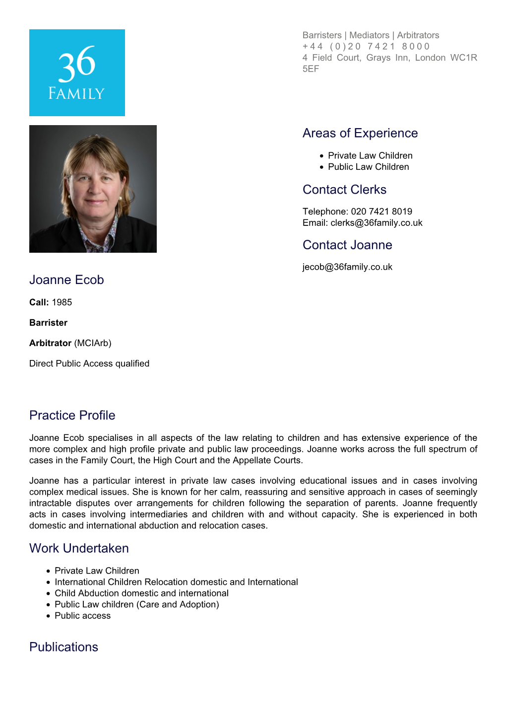 Joanne Ecob Practice Profile Work Undertaken Publications Areas Of