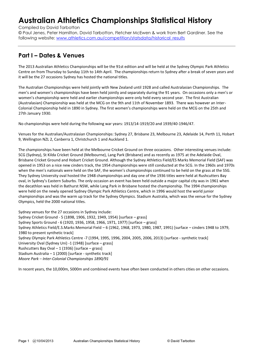 Australian Athletics Championships Statistical History