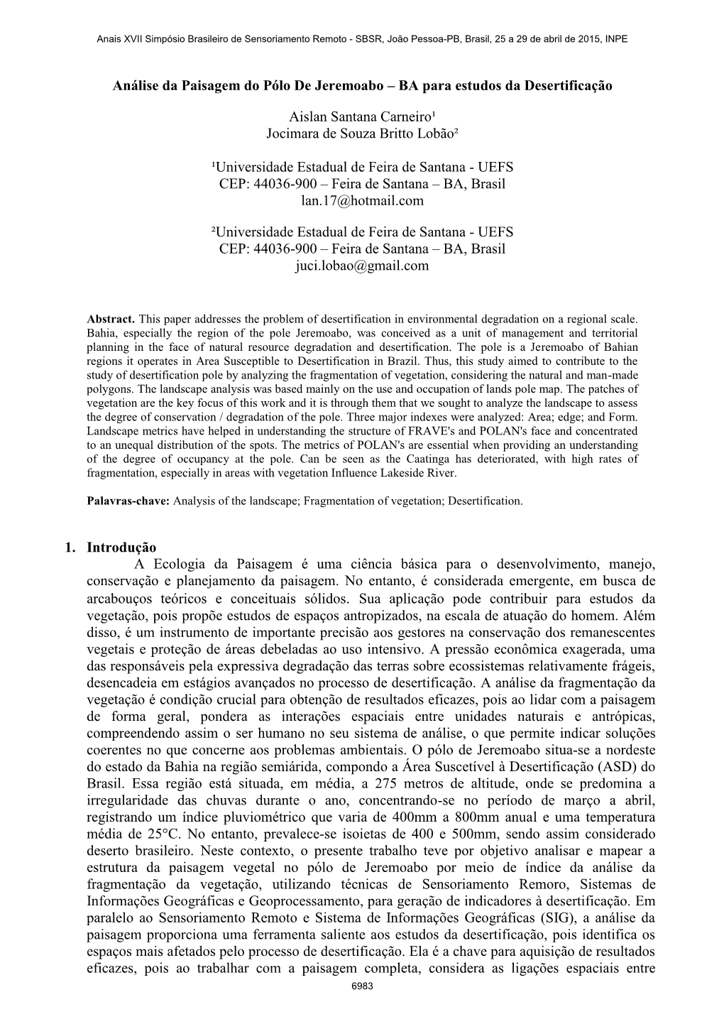 Análise Da Paisagem Do Pólo De Jeremoabo – BA Para Estudos Da Desertificação