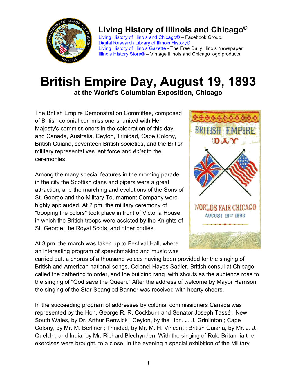 British Empire Day, August 19, 1893 at the World's Columbian Exposition, Chicago