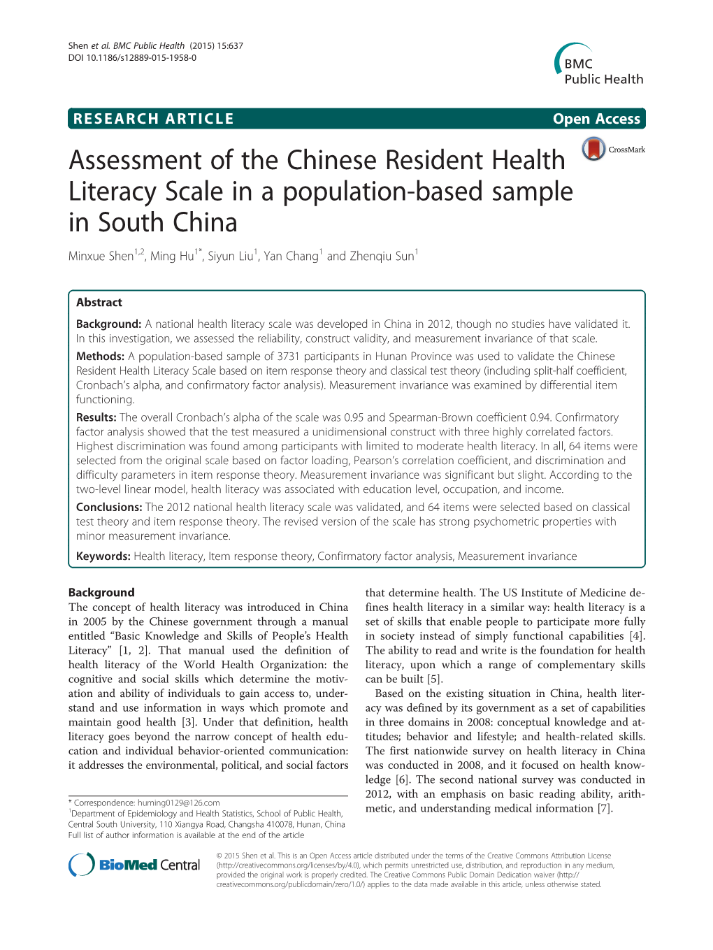 Assessment of the Chinese Resident Health Literacy Scale in a Population-Based Sample in South China