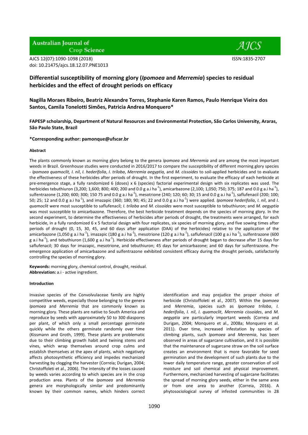 Differential Susceptibility of Morning Glory (Ipomoea and Merremia) Species to Residual Herbicides and the Effect of Drought Periods on Efficacy