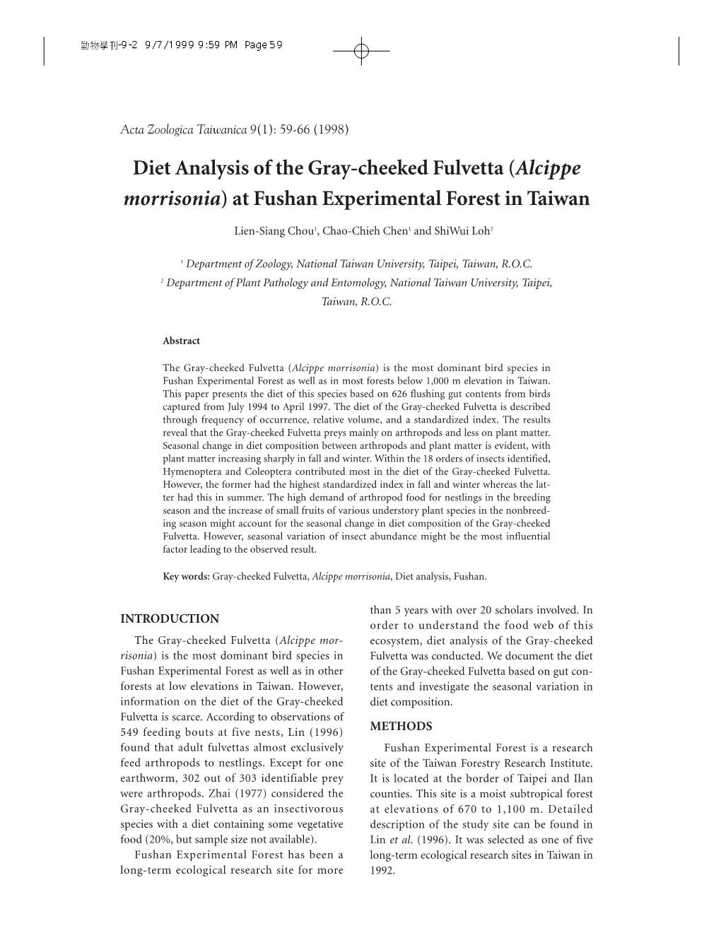 Diet Analysis of the Gray-Cheeked Fulvetta (Alcippe Morrisonia) at Fushan Experimental Forest in Taiwan