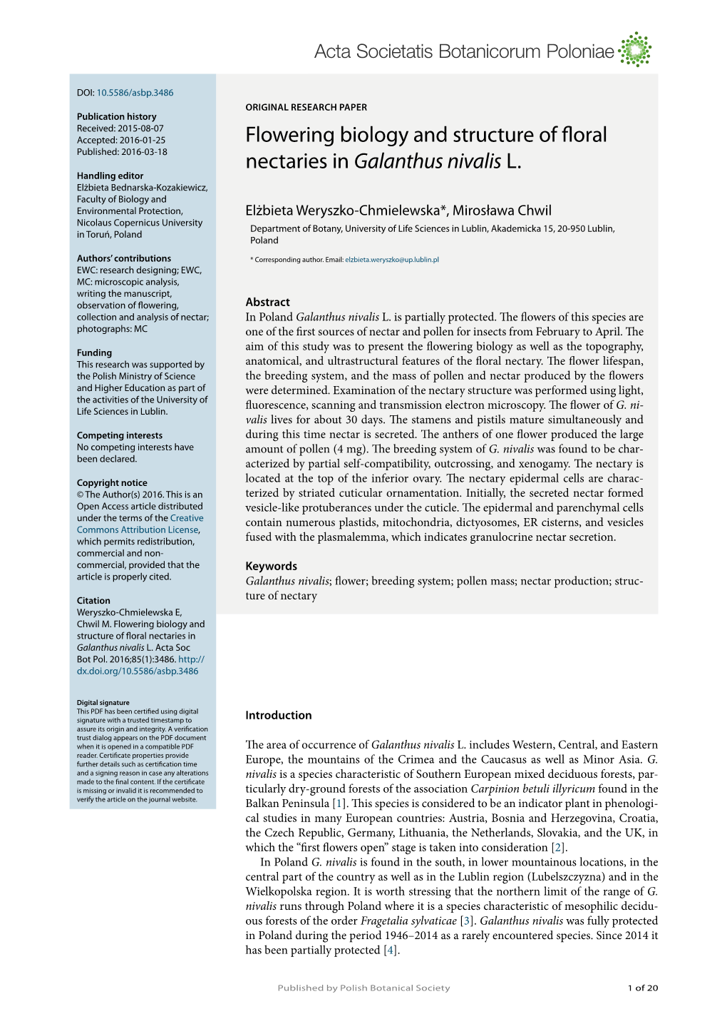 Flowering Biology and Structure of Floral Nectaries in Galanthus Nivalis L. Acta Soc Bot Pol