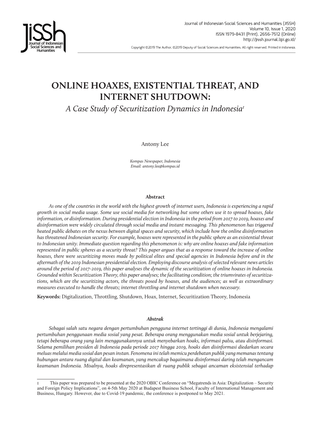 ONLINE HOAXES, EXISTENTIAL THREAT, and ­INTERNET SHUTDOWN: a Case Study of Securitization Dynamics in Indonesia1