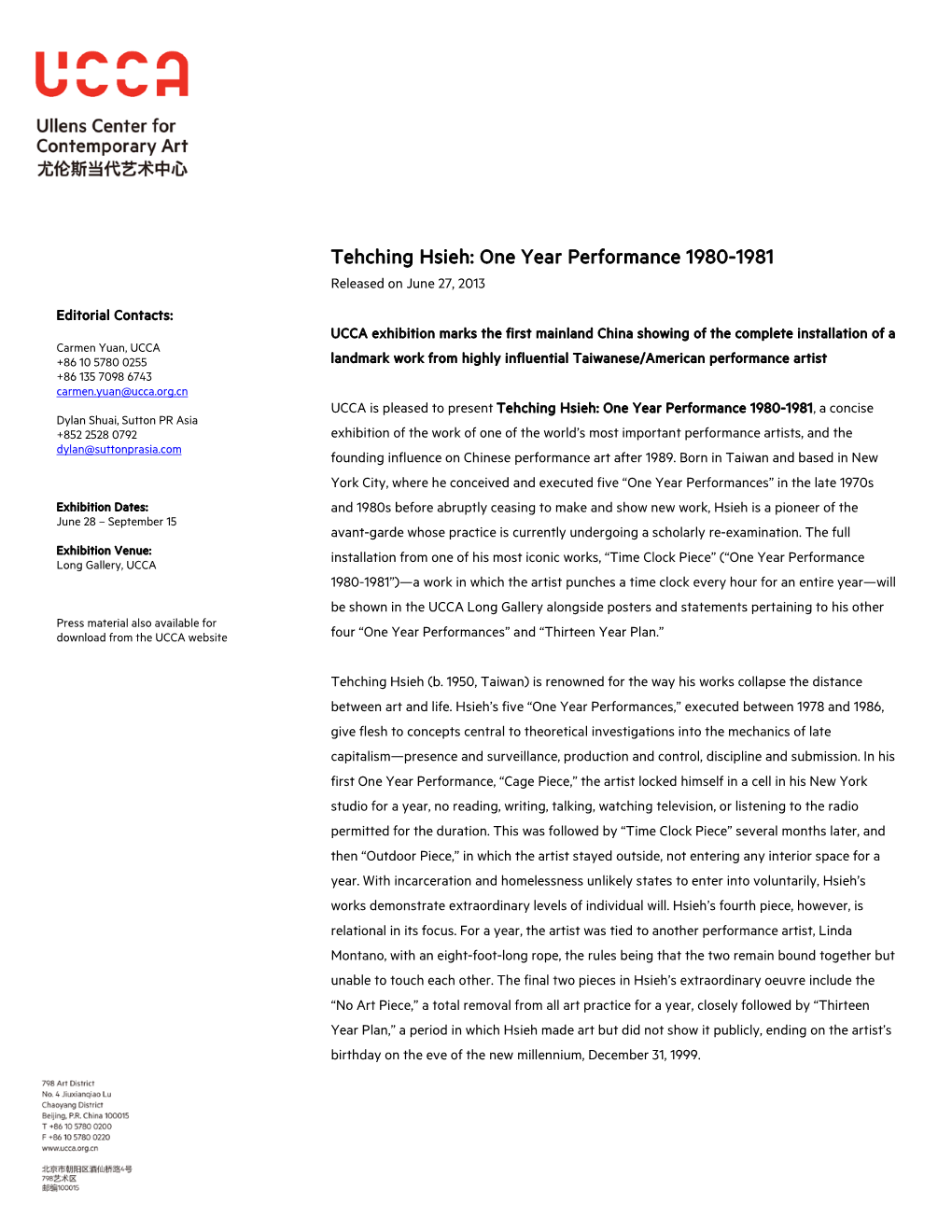 Tehching Hsieh: One Year Performance 1980-1981 Released on June 27, 2013