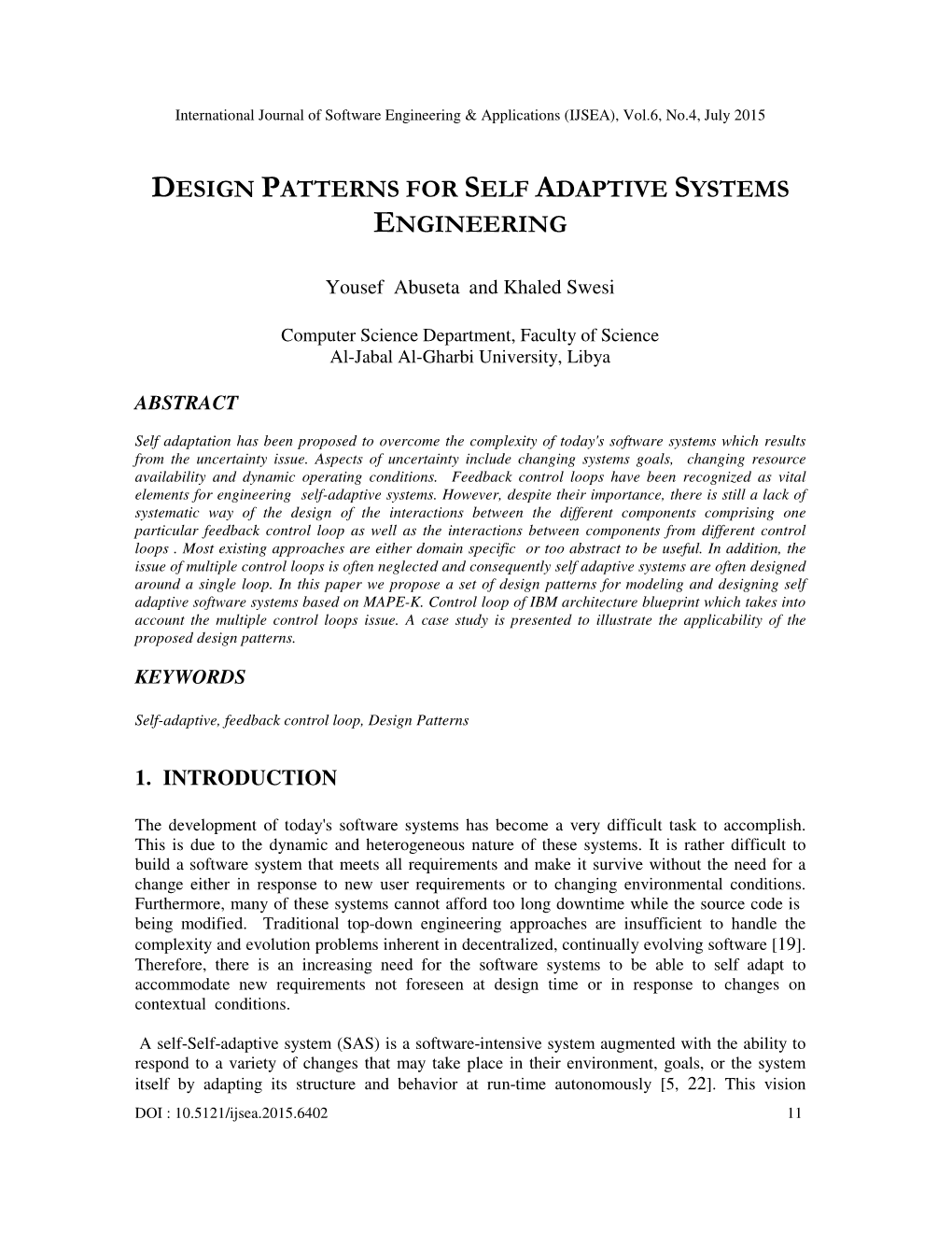 Design Patterns for Self Adaptive Systems Engineering