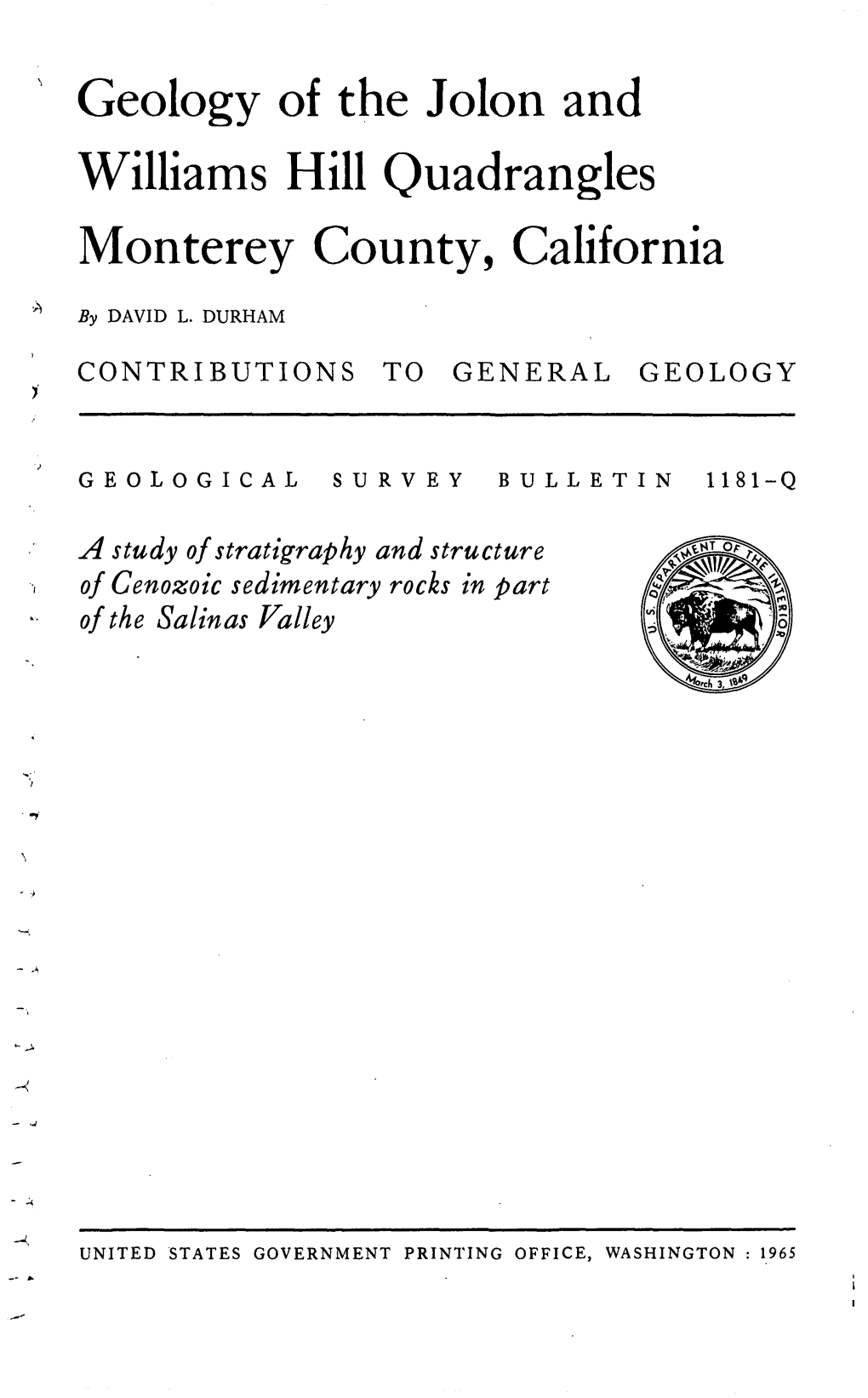 Geology of the Jolon and Williams Hill Quadrangles Monterey County, California