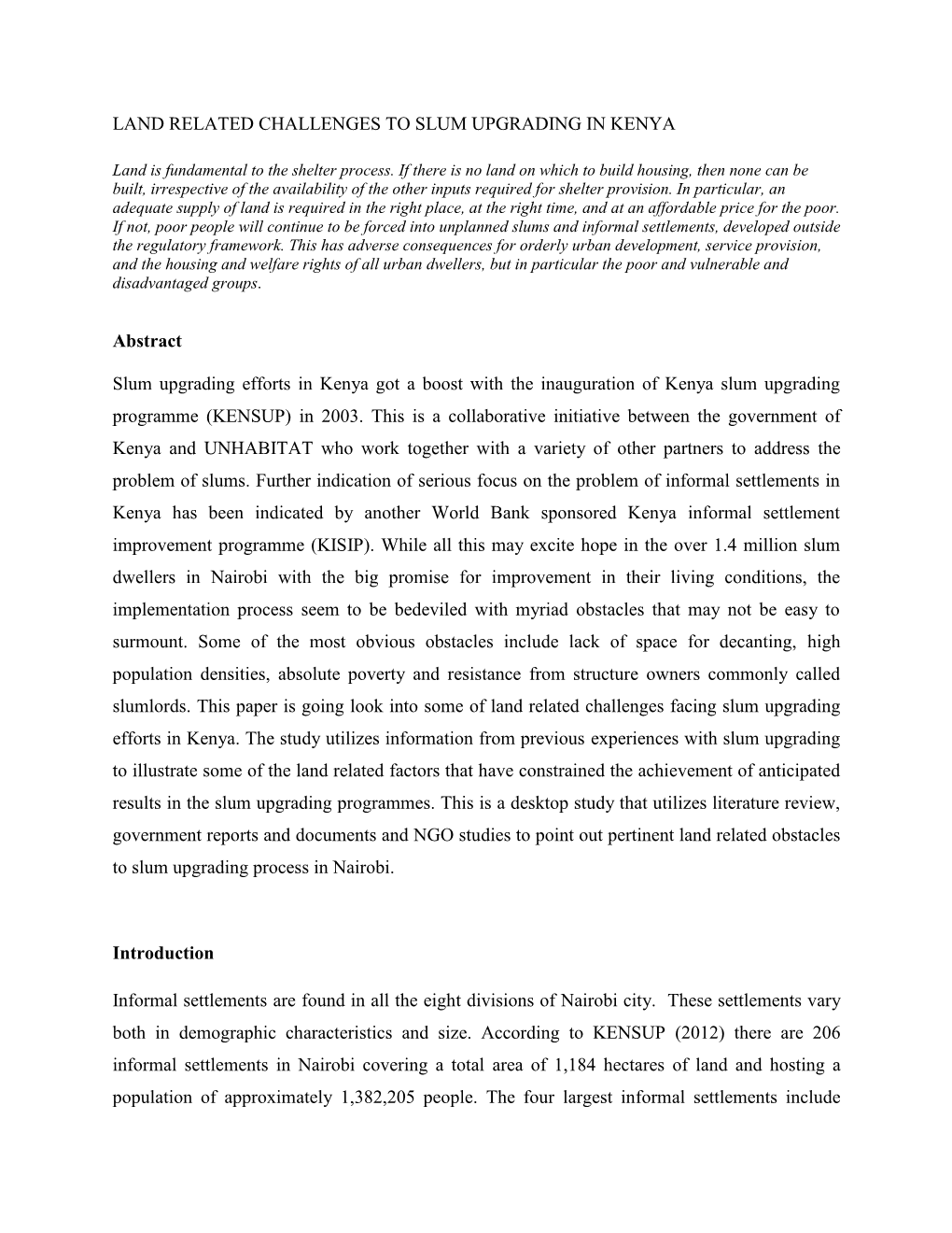 Land Related Challenges to Slum Upgrading in Kenya