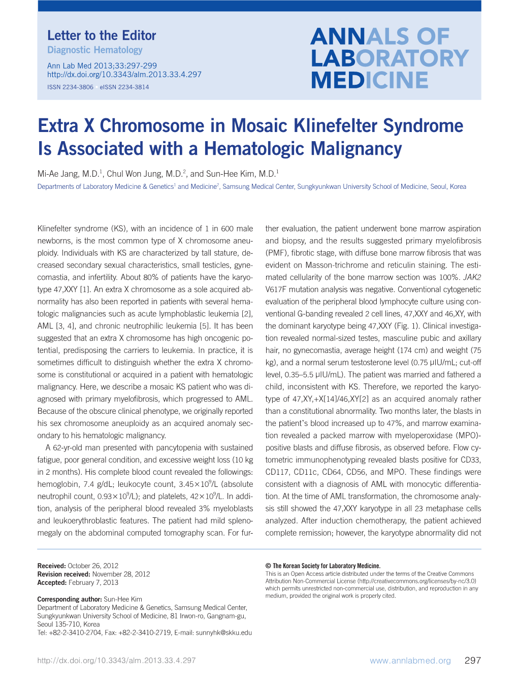 Extra X Chromosome in Mosaic Klinefelter Syndrome Is Associated with a Hematologic Malignancy