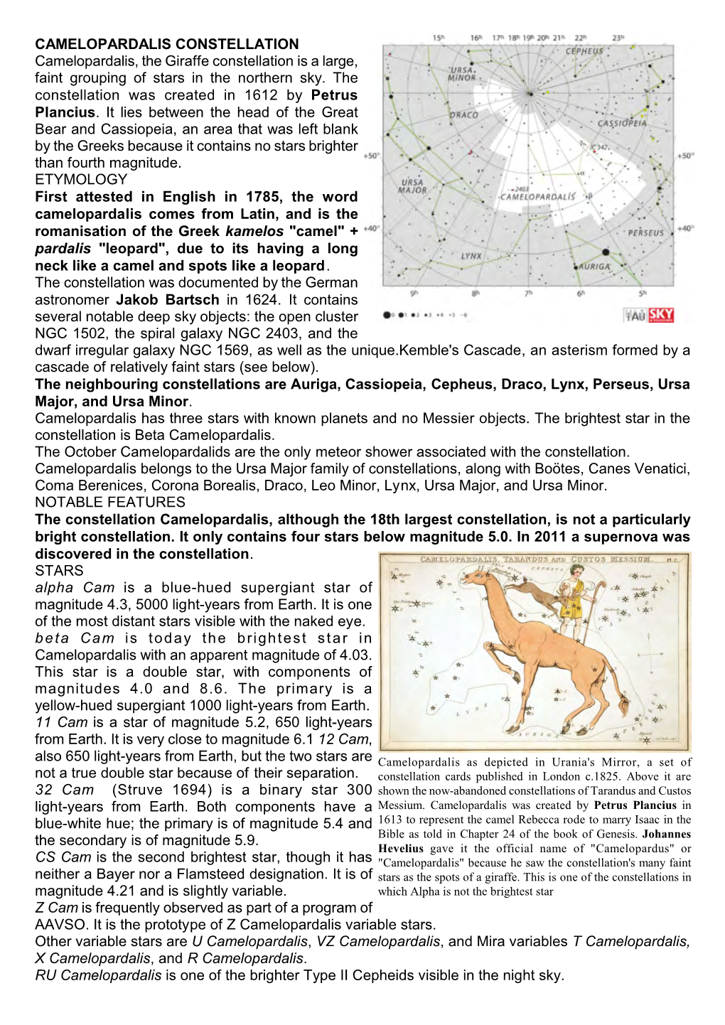 CAMELOPARDALIS CONSTELLATION Camelopardalis, the Giraffe Constellation Is a Large, Faint Grouping of Stars in the Northern Sky
