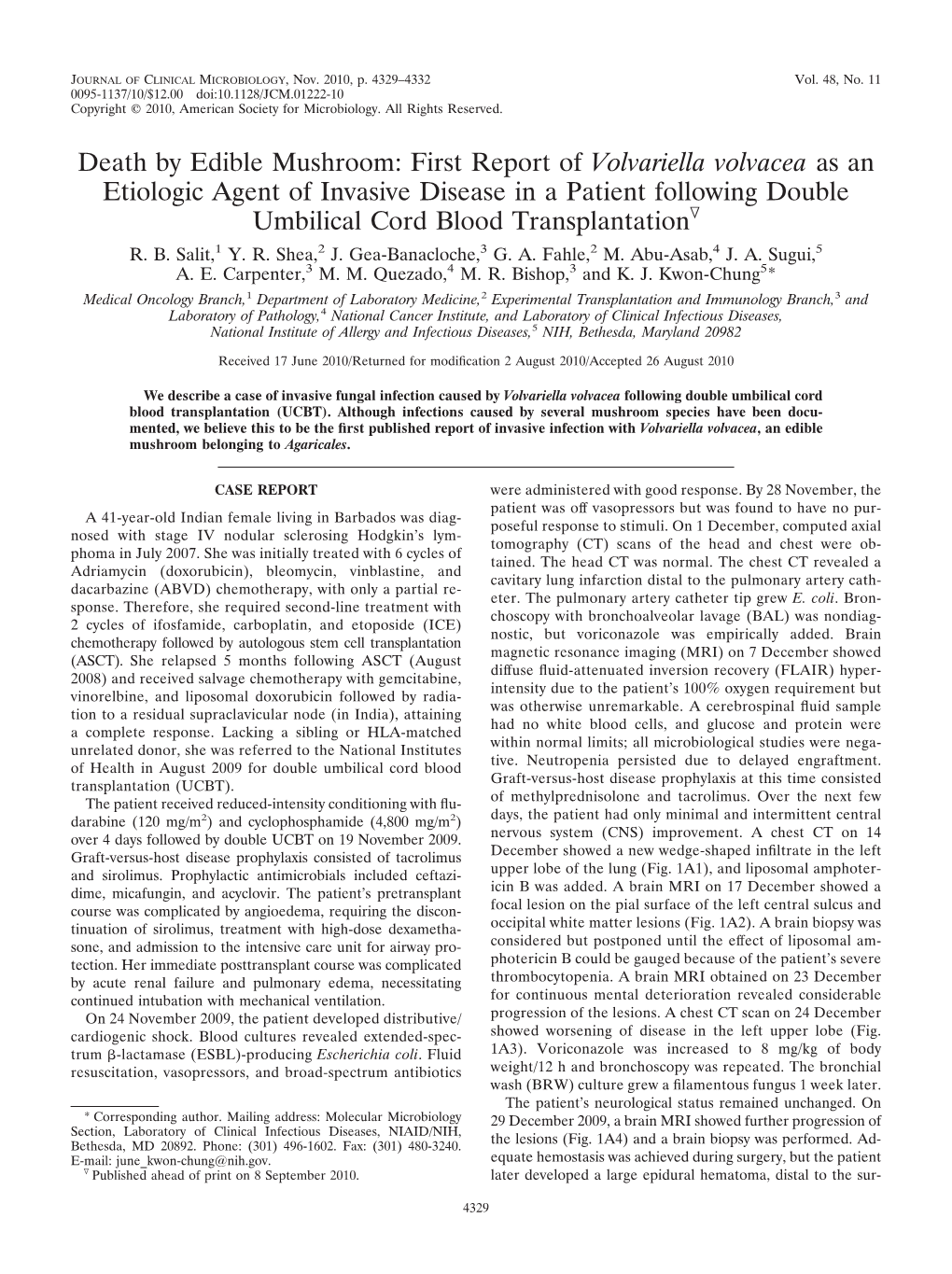 Volvariella Volvacea As an Etiologic Agent of Invasive Disease in a Patient Following Double Umbilical Cord Blood Transplantationᰔ R