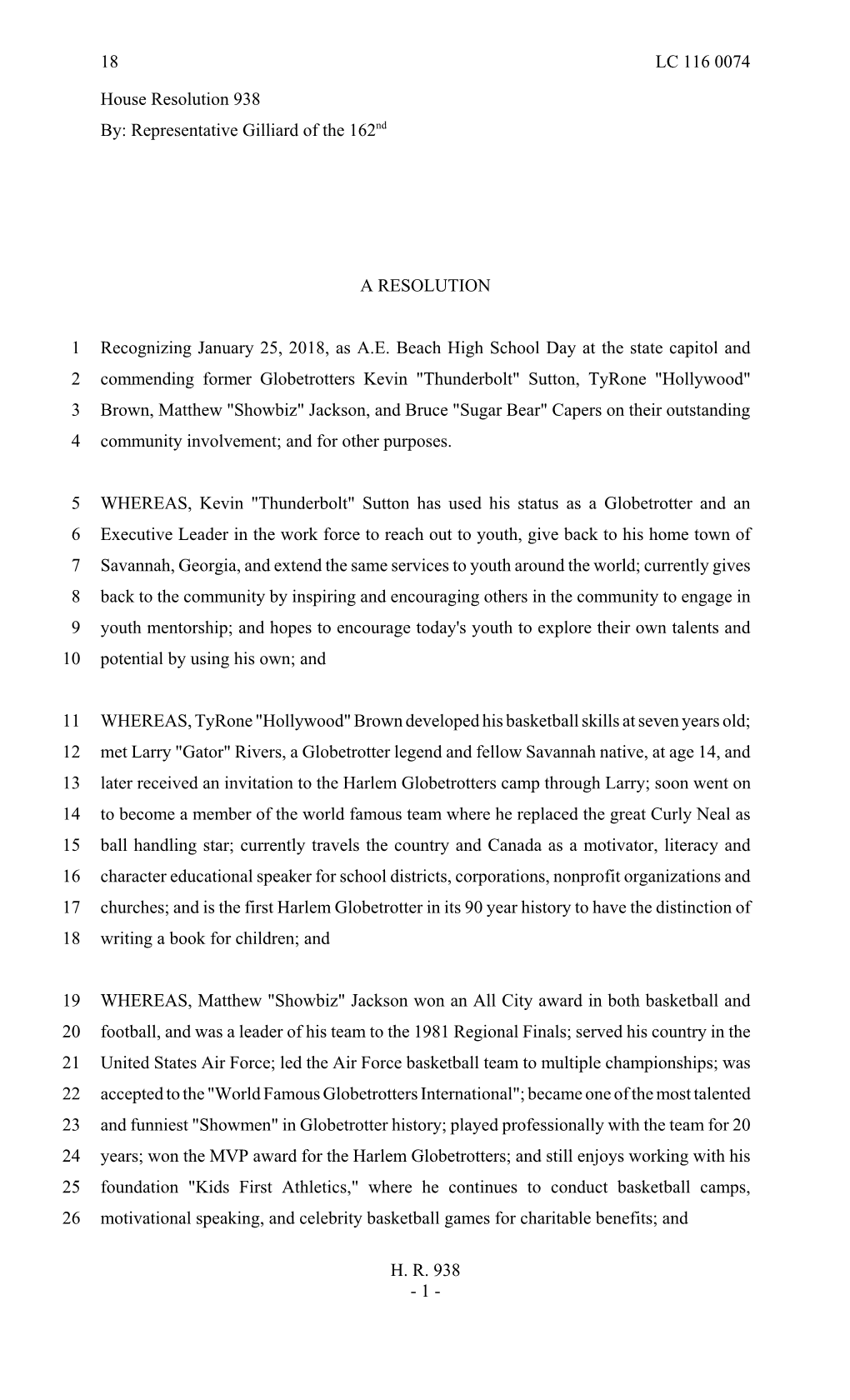 House Resolution 938 By: Representative Gilliard of the 162Nd