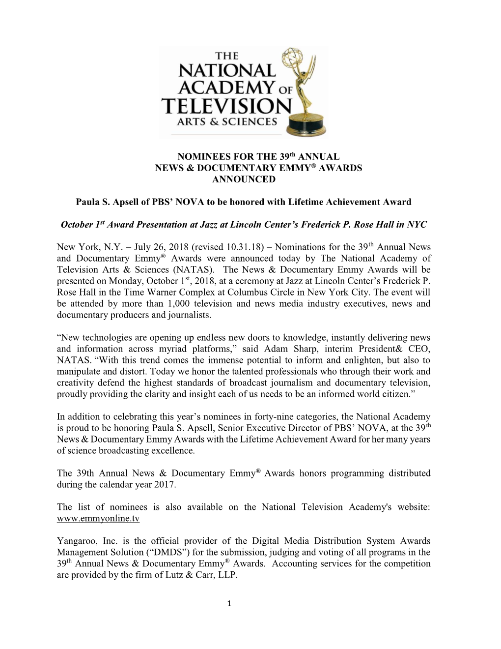 NOMINEES for the 39Th ANNUAL NEWS & DOCUMENTARY EMMY