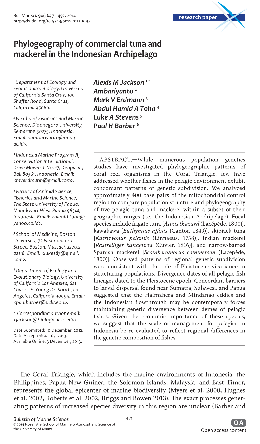 Phylogeography of Commercial Tuna and Mackerel in the Indonesian Archipelago