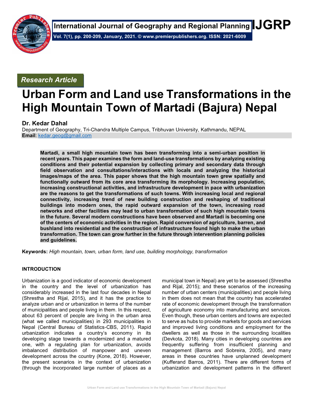 Urban Form and Land Use Transformations in the High Mountain Town of Martadi (Bajura) Nepal