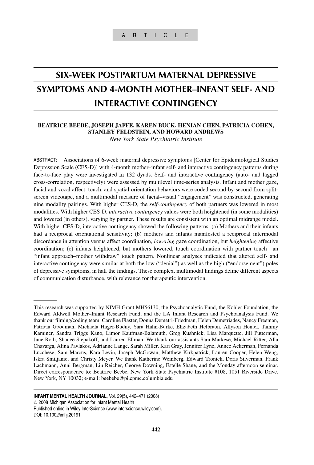 Six-Week Postpartum Maternal Depressive Symptoms and 4-Month Mother–Infant Self- and Interactive Contingency