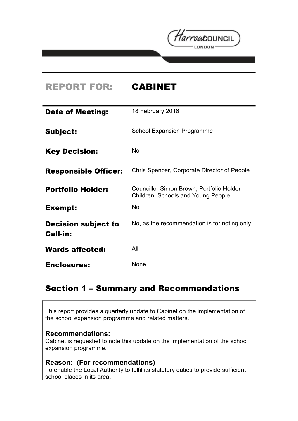Report For: Cabinet