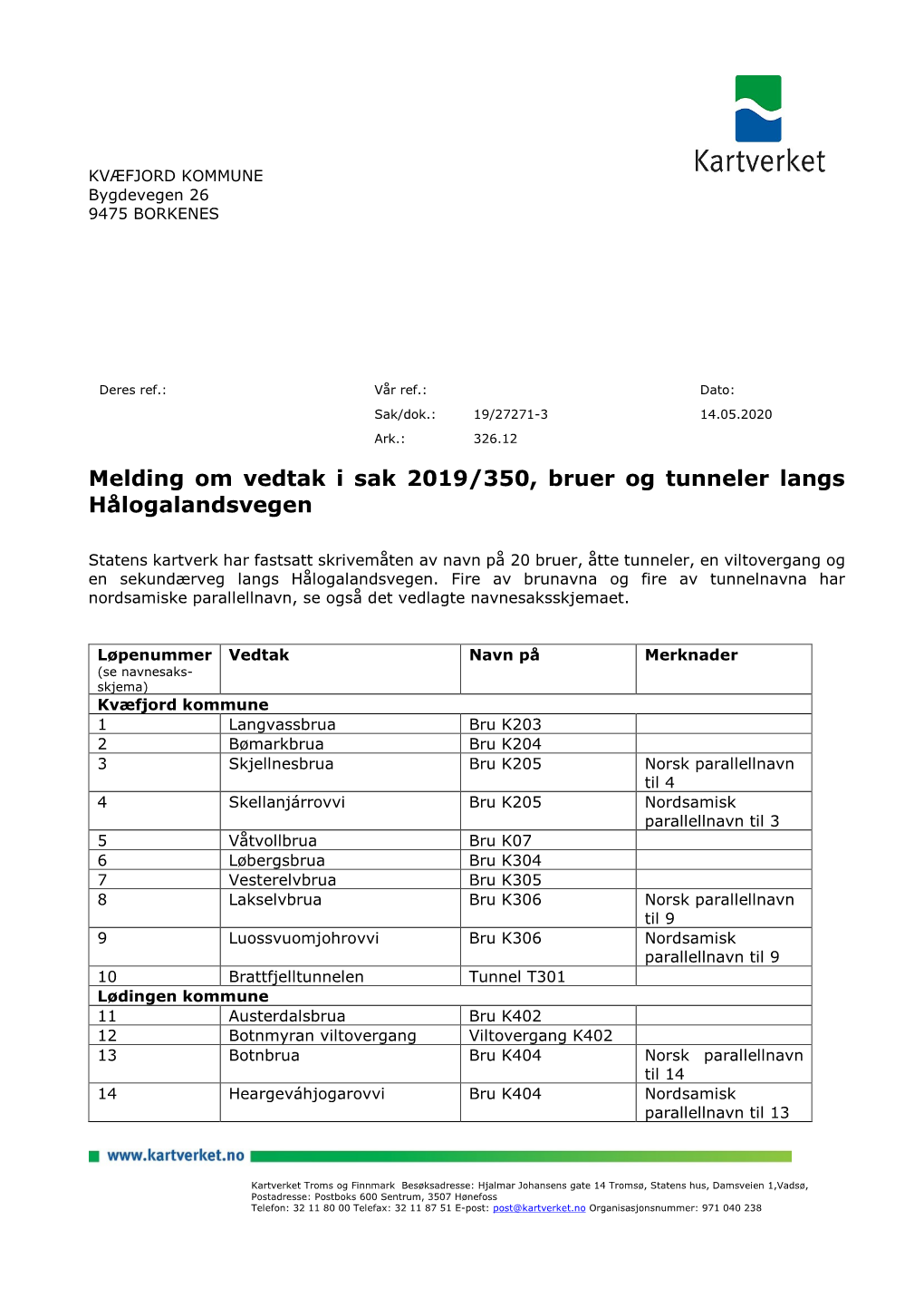 Melding Om Vedtak I Sak 2019/350, Bruer Og Tunneler Langs Hålogalandsvegen