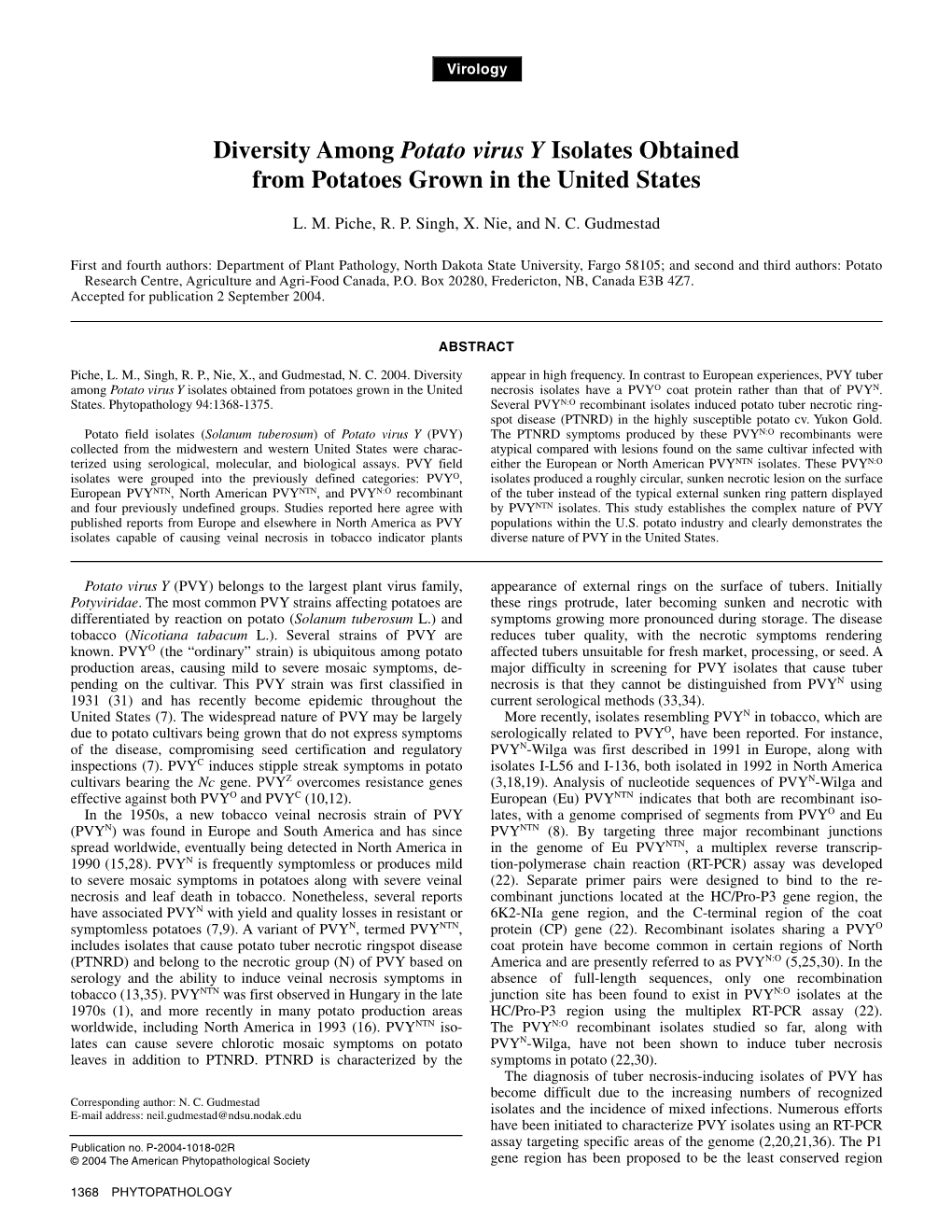 Diversity Among Potato Virus Y Isolates Obtained from Potatoes Grown in the United States