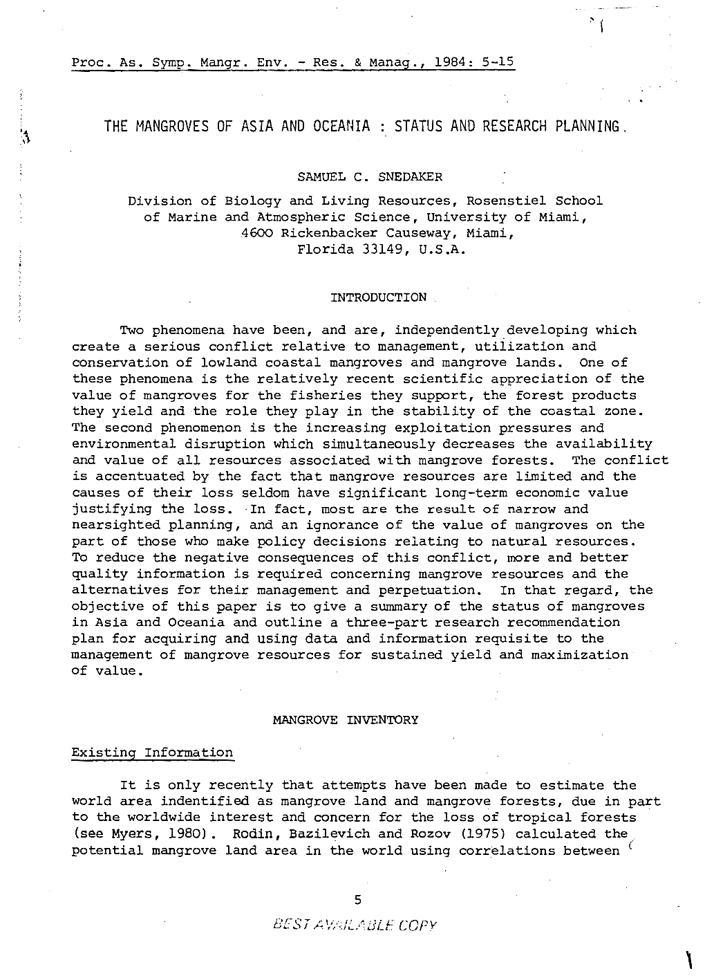 The Mangroves of Asia and Oceania Status and Research Planning