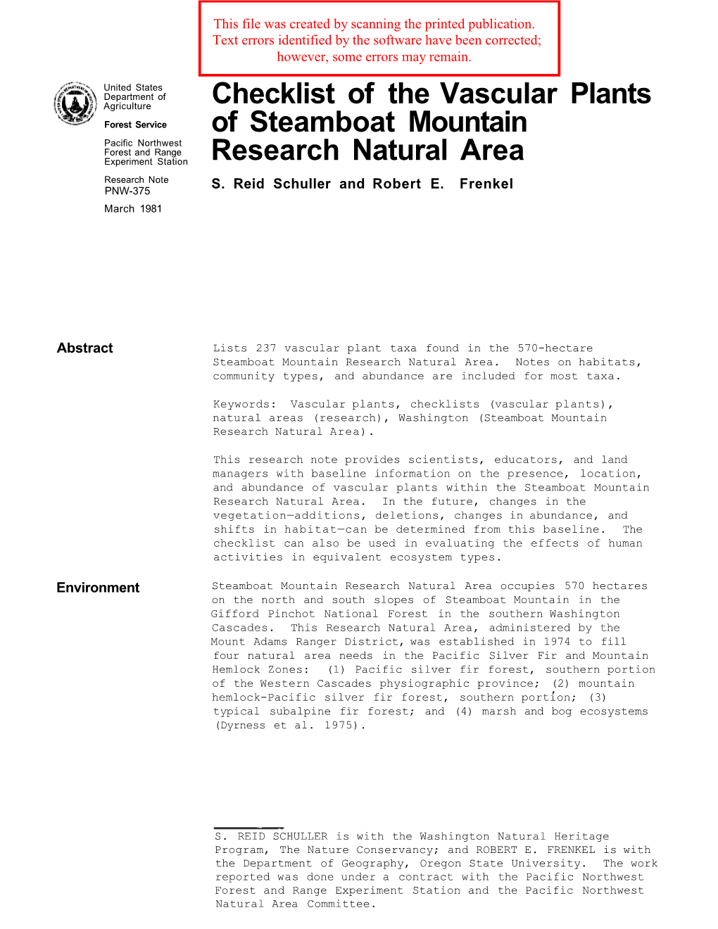 Checklist of the Vascular Plants of Steamboat Mountain Research