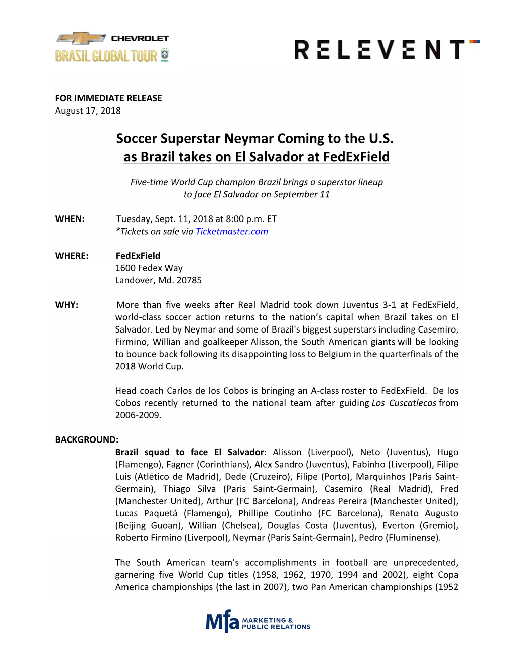 Soccer Superstar Neymar Coming to the U.S. As Brazil Takes on El Salvador at Fedexfield