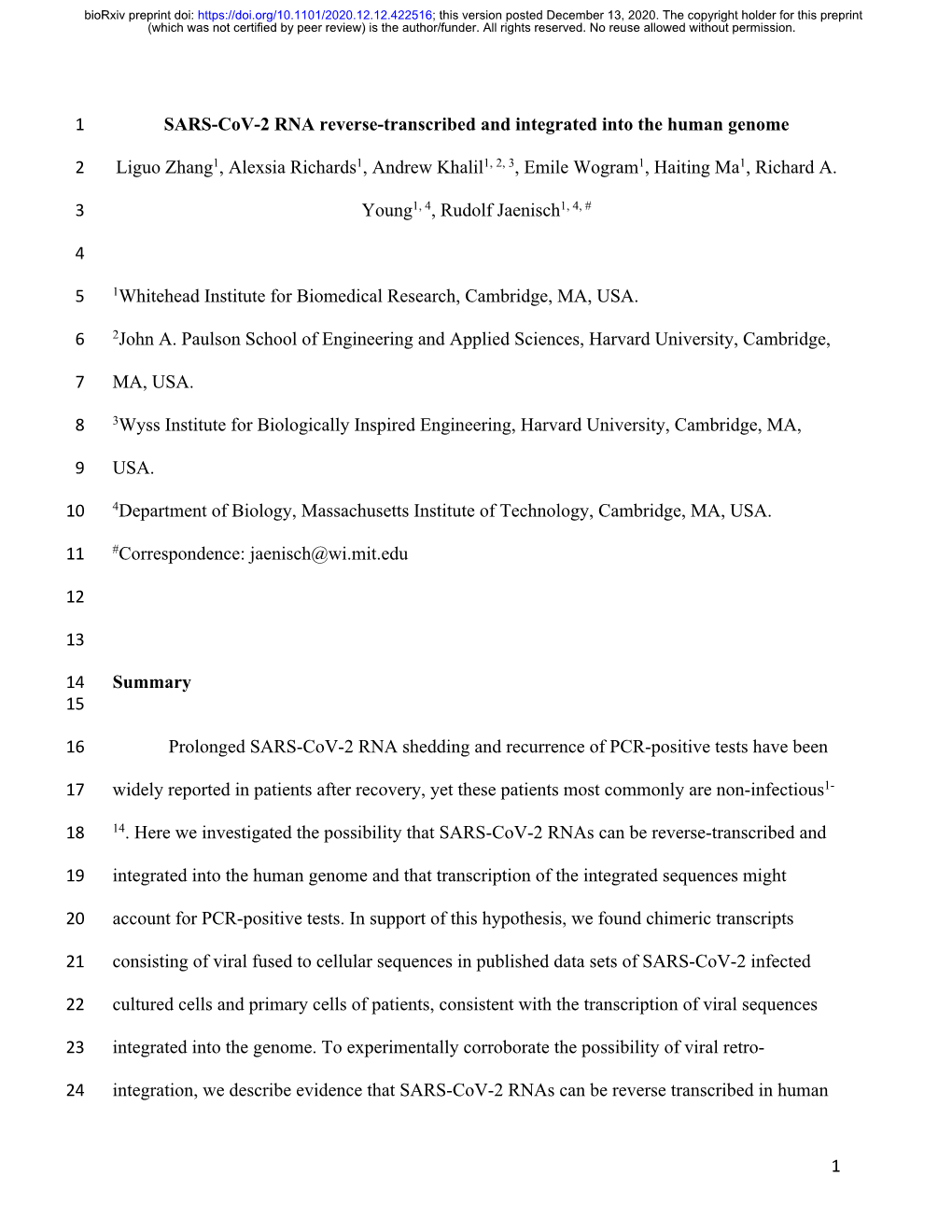 SARS-Cov-2 RNA Reverse-Transcribed and Integrated Into the Human Genome