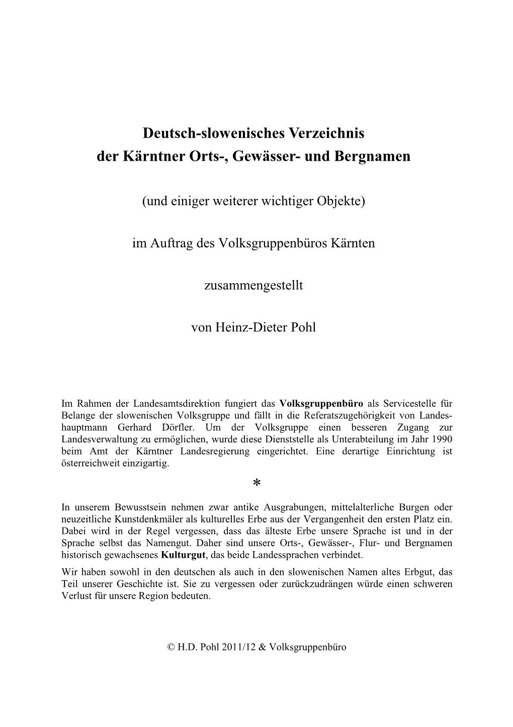 Deutsch-Slowenisches Verzeichnis Der Kärntner Orts-, Gewässer- Und Bergnamen