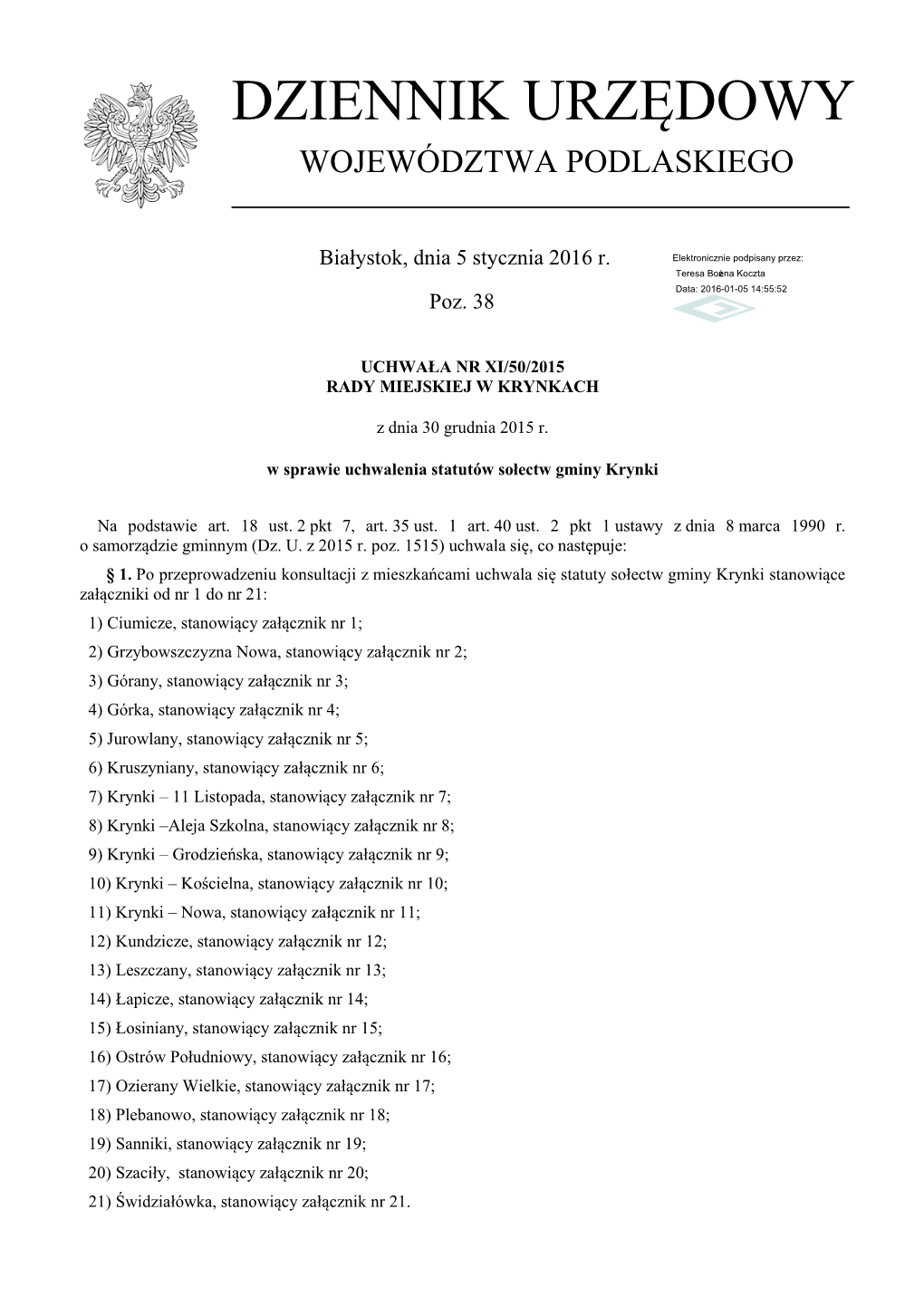 Uchwala Nr XI/50/2015 Z Dnia 30 Grudnia 2015 R