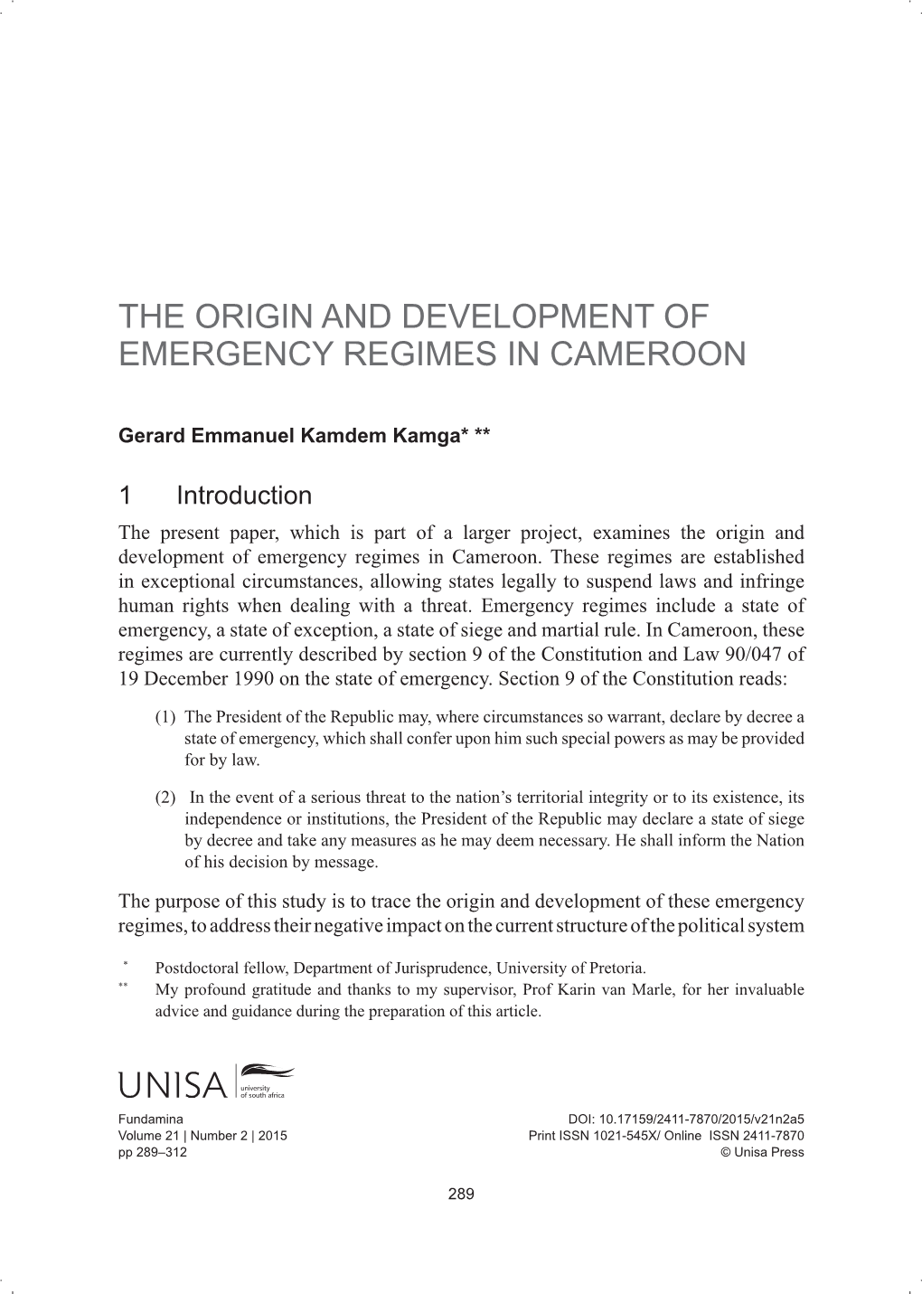 1The Origin and Development of Emergency Regimes in Cameroon