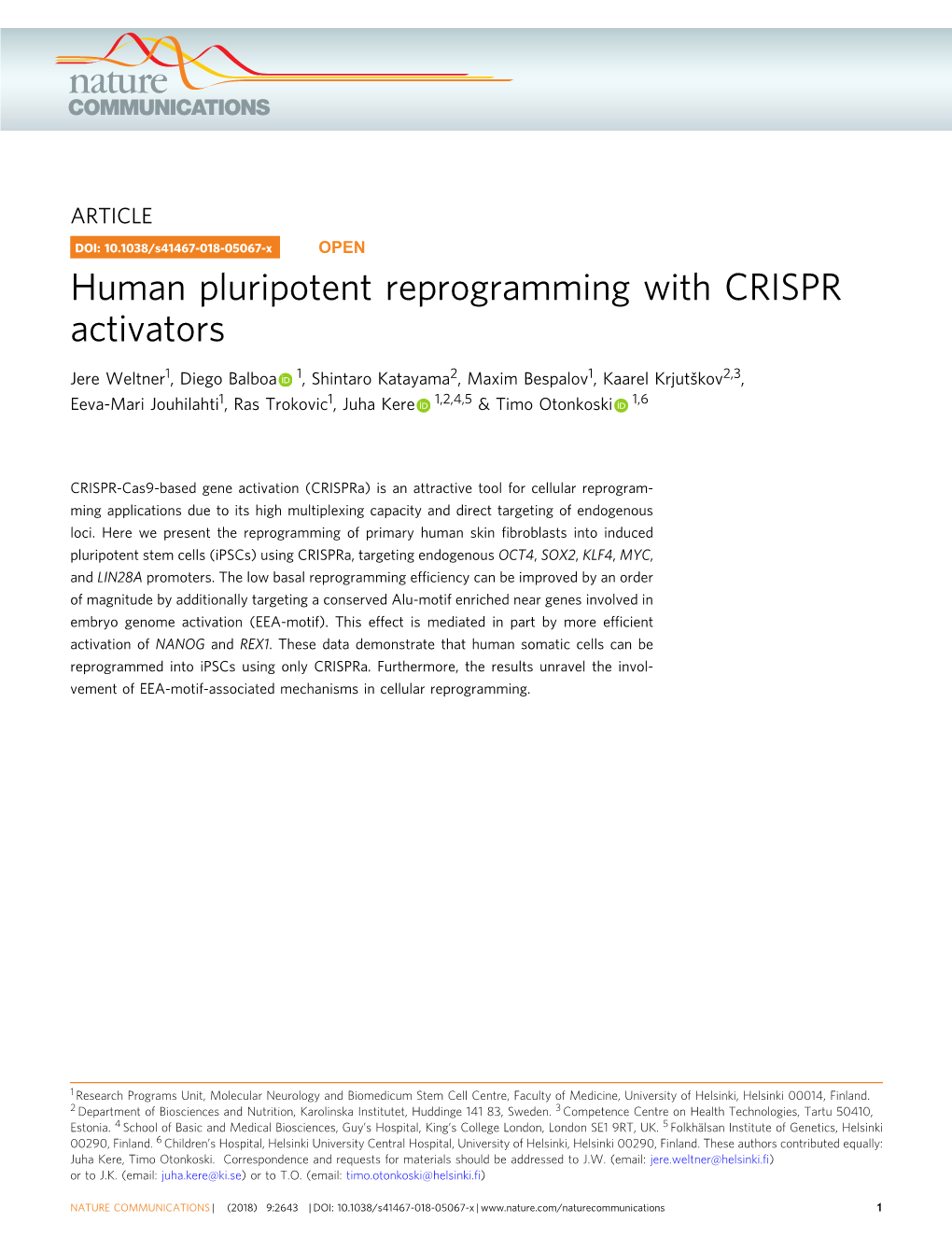 Human Pluripotent Reprogramming with CRISPR Activators