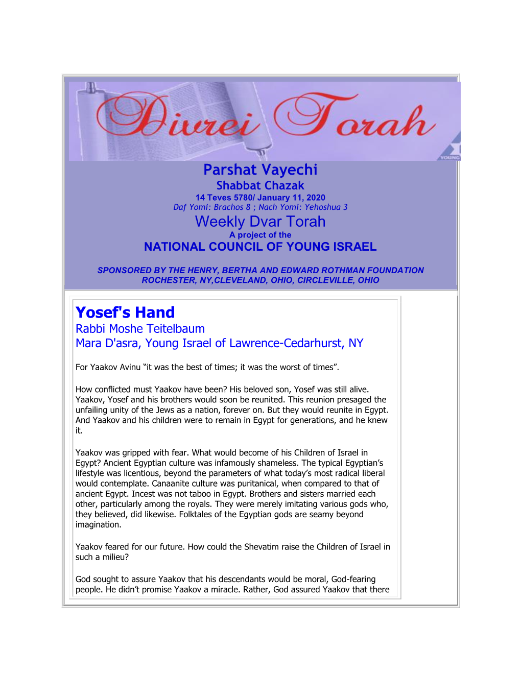 Parshat Vayechi Weekly Dvar Torah Yosef's Hand