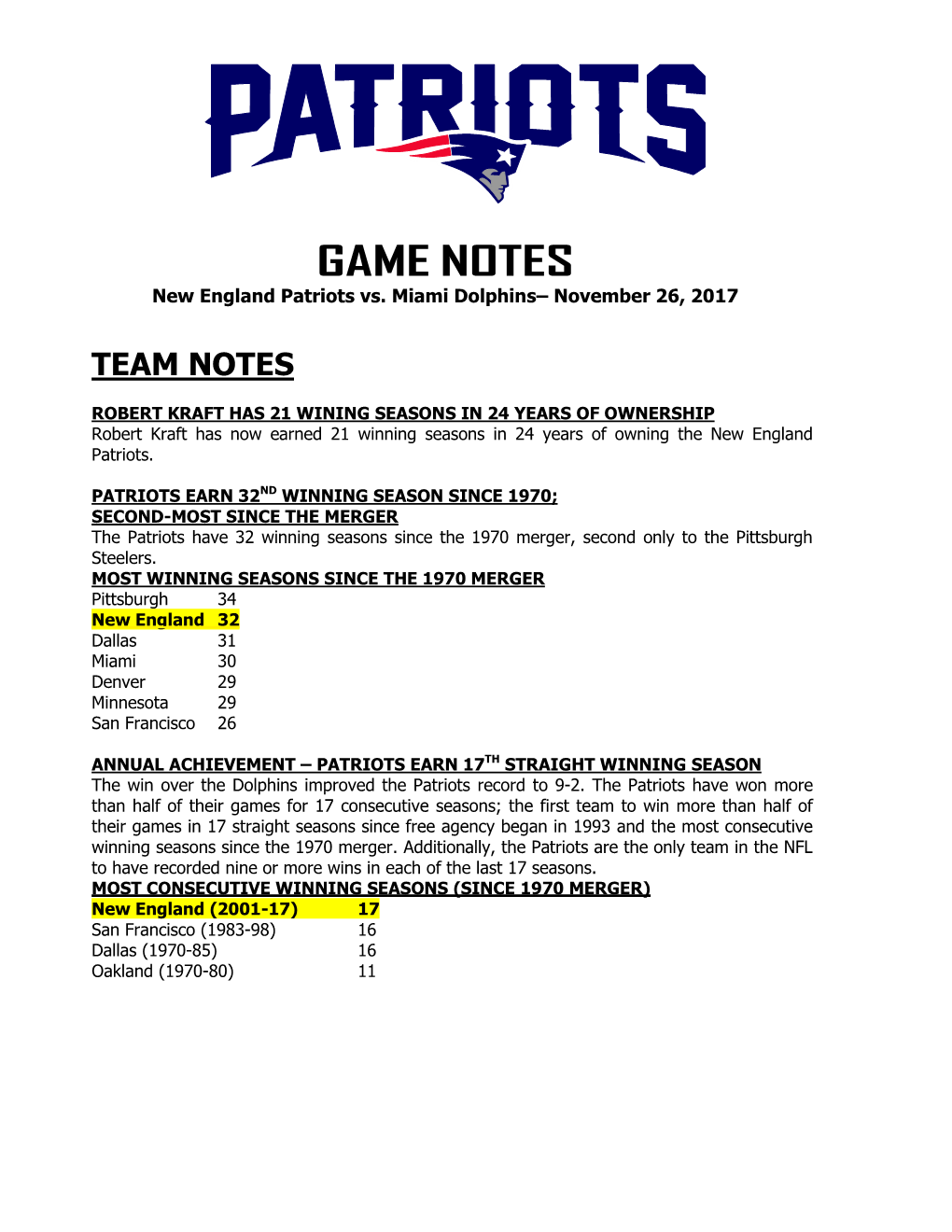 GAME NOTES New England Patriots Vs