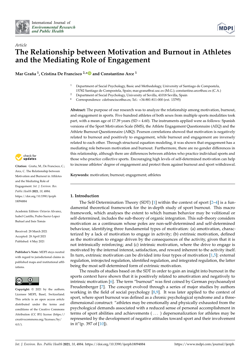 The Relationship Between Motivation and Burnout in Athletes and the Mediating Role of Engagement