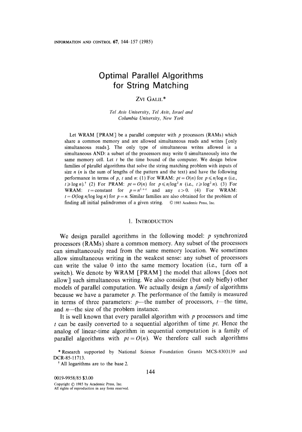 Optimal Parallel Algorithms for String Matching