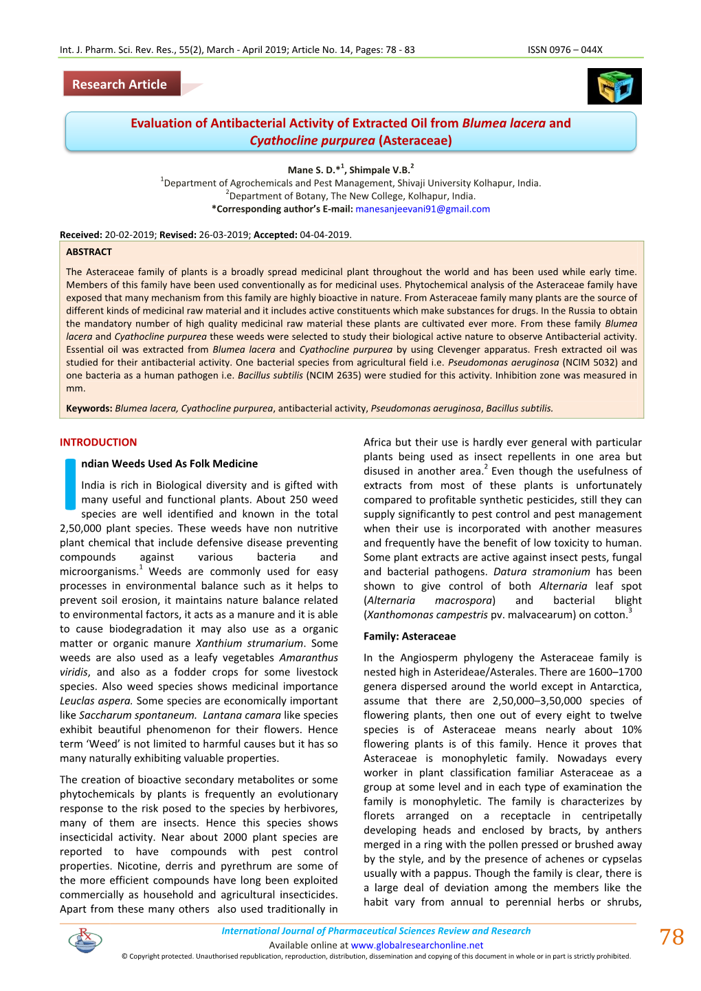 Evaluation of Antibacterial Activity of Extracted Oil from Blumea Lacera and Cyathocline Purpurea (Asteraceae)