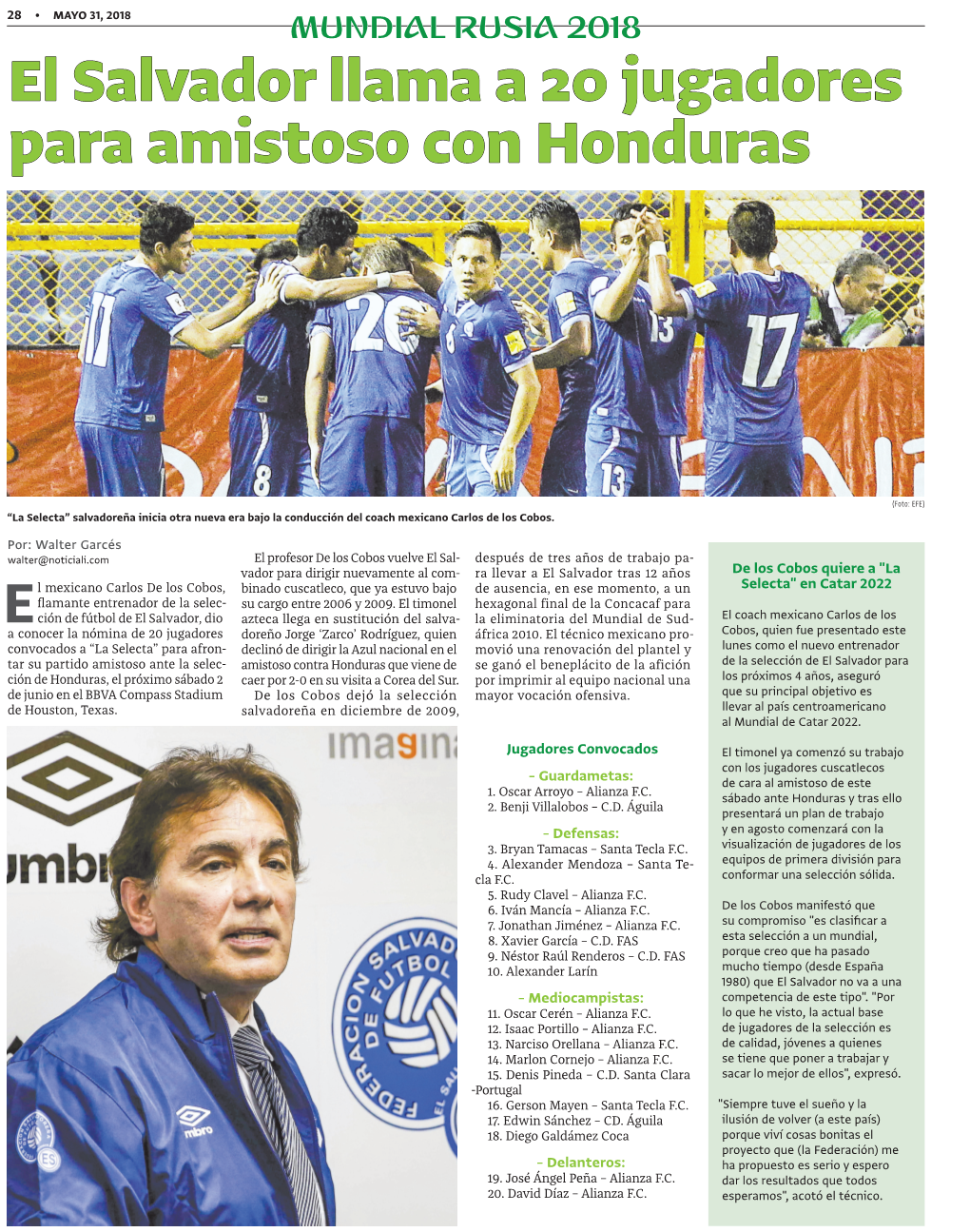 El Salvador Llama a 20 Jugadores Para Amistoso Con Honduras