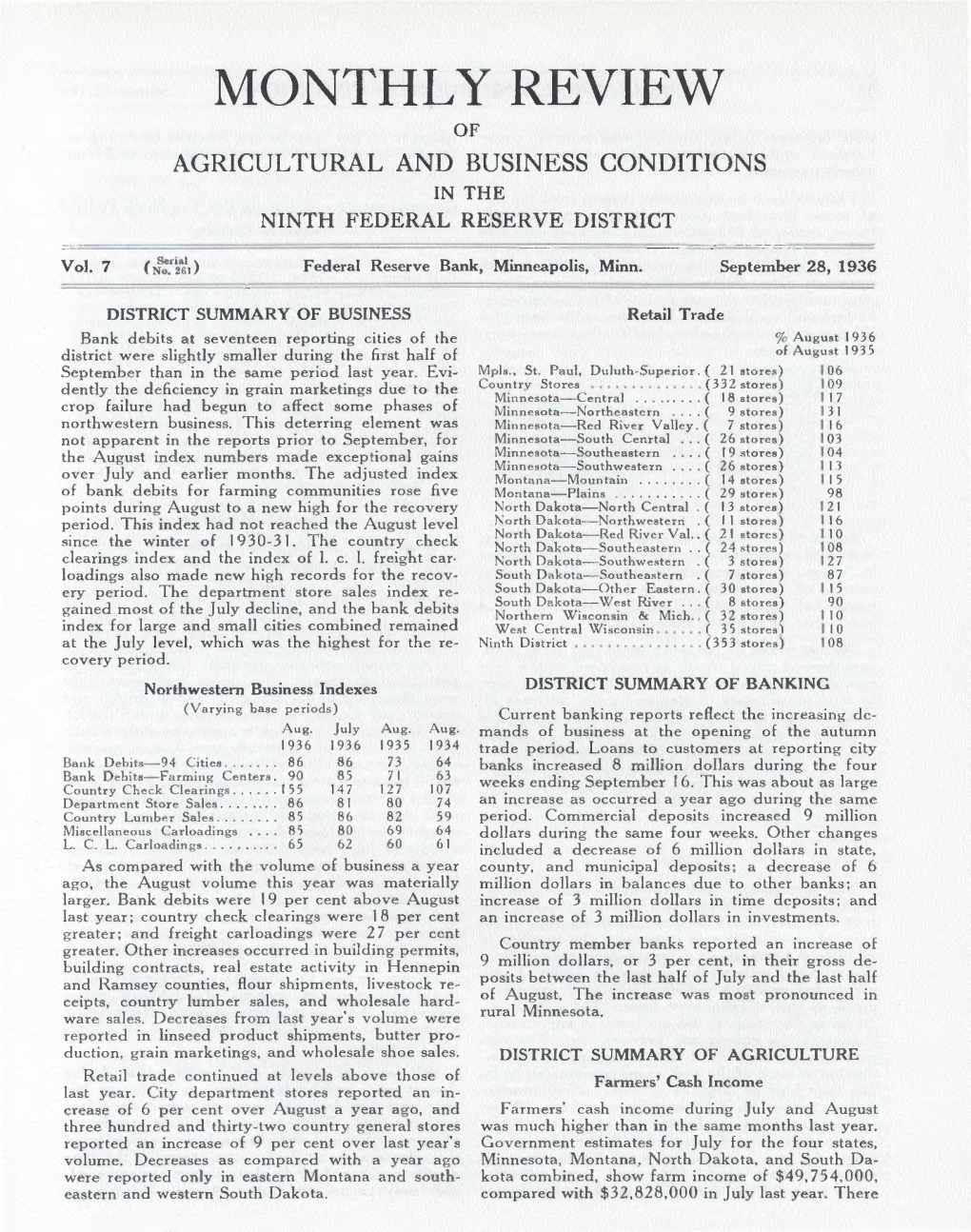 Monthly Review of Agricultural and Business Conditions in the Ninth Federal Reserve District