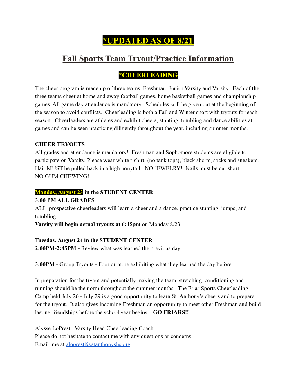 Updated Fall Sports Information