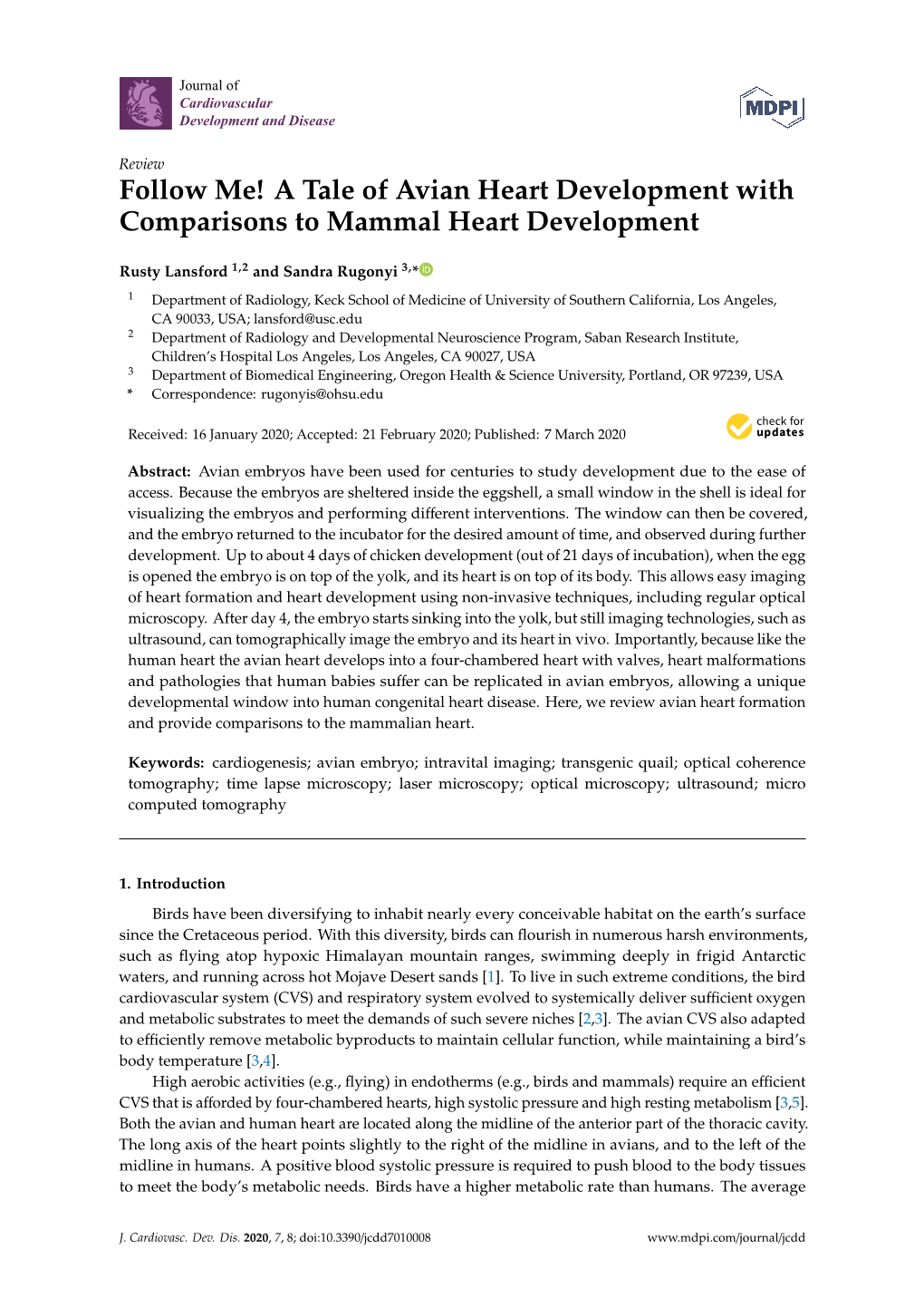 A Tale of Avian Heart Development with Comparisons to Mammal Heart Development