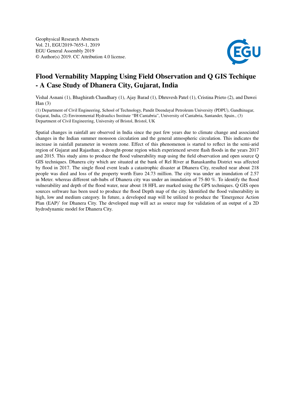 Flood Vernability Mapping Using Field Observation and Q GIS Techique - a Case Study of Dhanera City, Gujarat, India