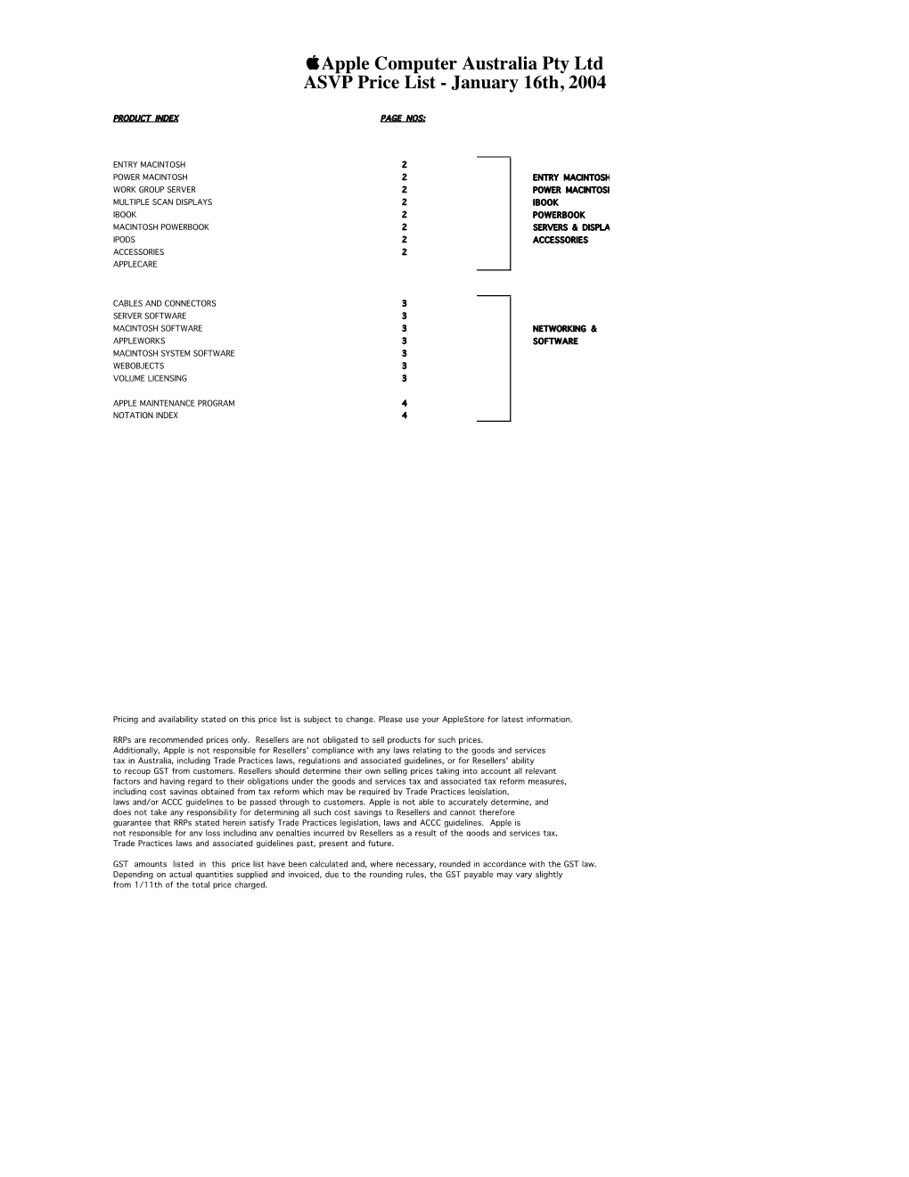 Apple Computer Australia Pty Ltd ASVP Price List - January 16Th, 2004