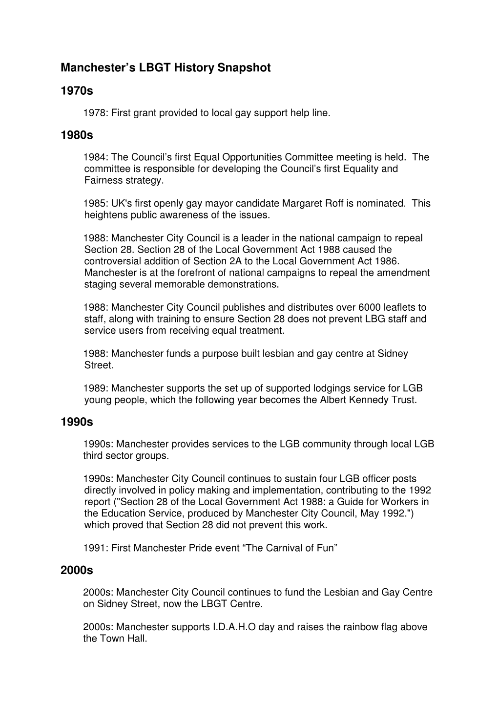 Manchester's LBGT History Snapshot 1970S 1980S 1990S 2000S