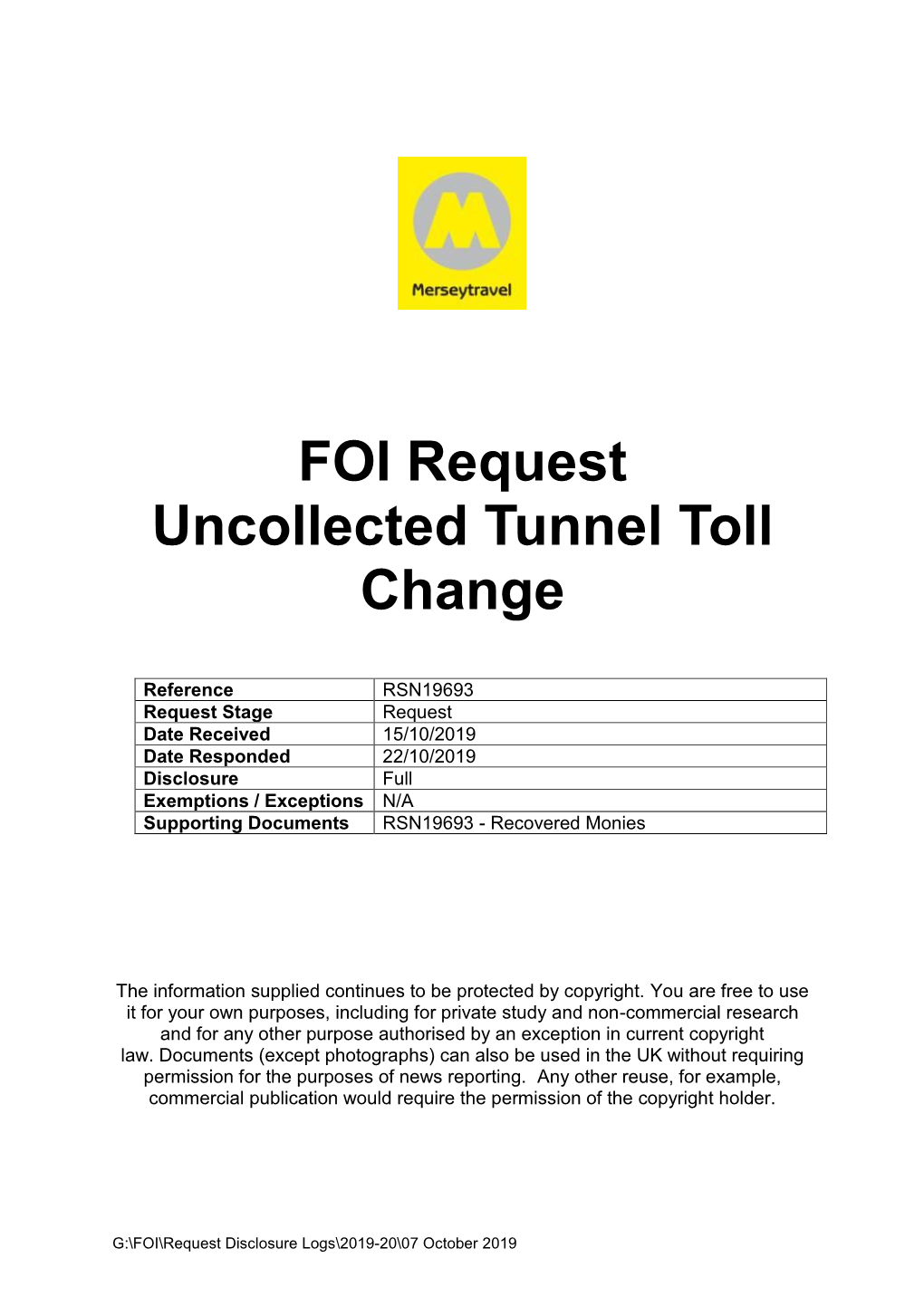 FOI Request Uncollected Tunnel Toll Change