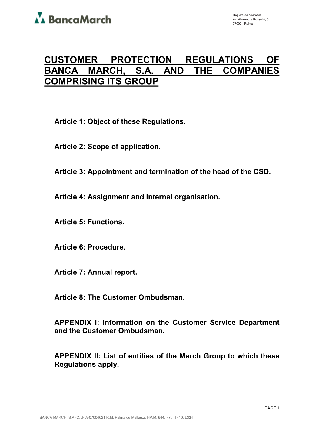 Banca March, S.A. Customer Ombudsman Regulations