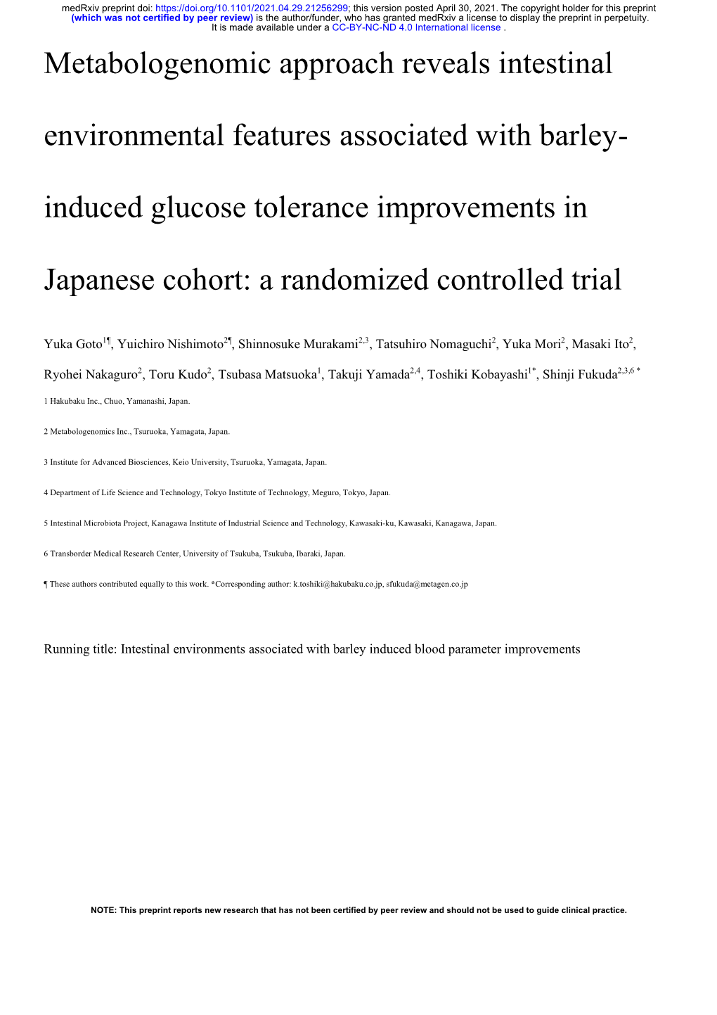 Metabologenomic Approach Reveals Intestinal Environmental Features Associated with Barley- Induced Glucose Tolerance Improvements In