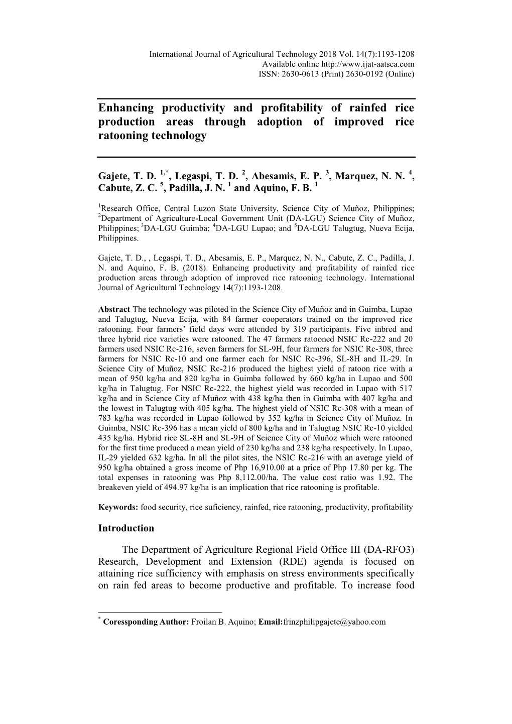 Enhancing Productivity and Profitability of Rainfed Rice Production Areas Through Adoption of Improved Rice Ratooning Technology