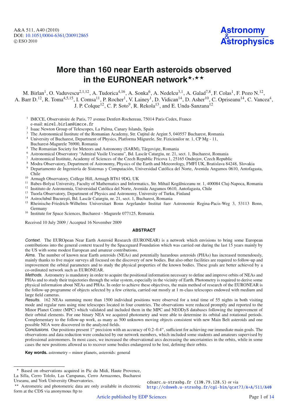 More Than 160 Near Earth Asteroids Observed in the EURONEAR Network�,